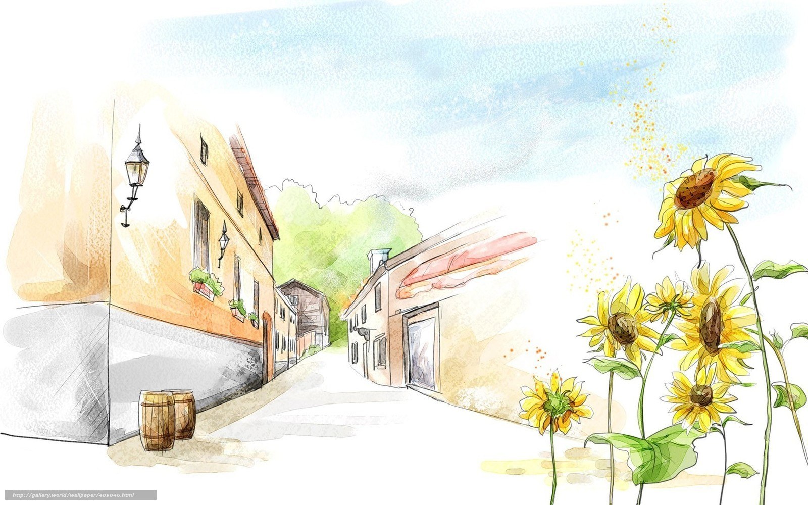 Sunflowers on a village street