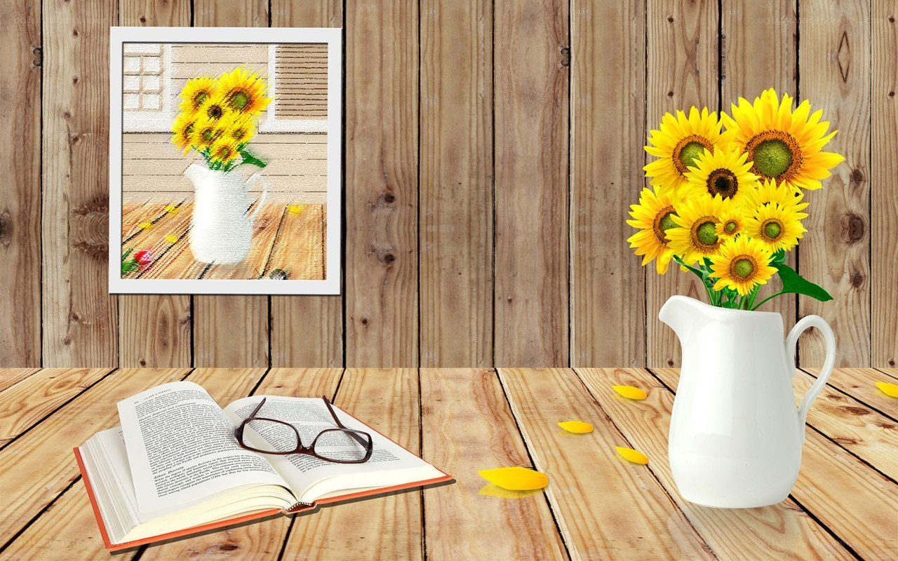 Sunflowers on a wooden table