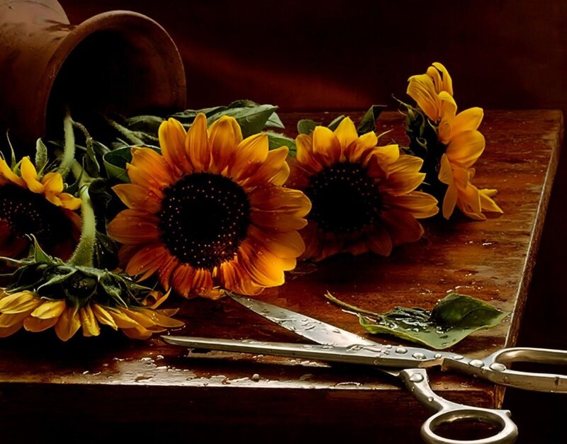 Sunflowers on Wooden Table
