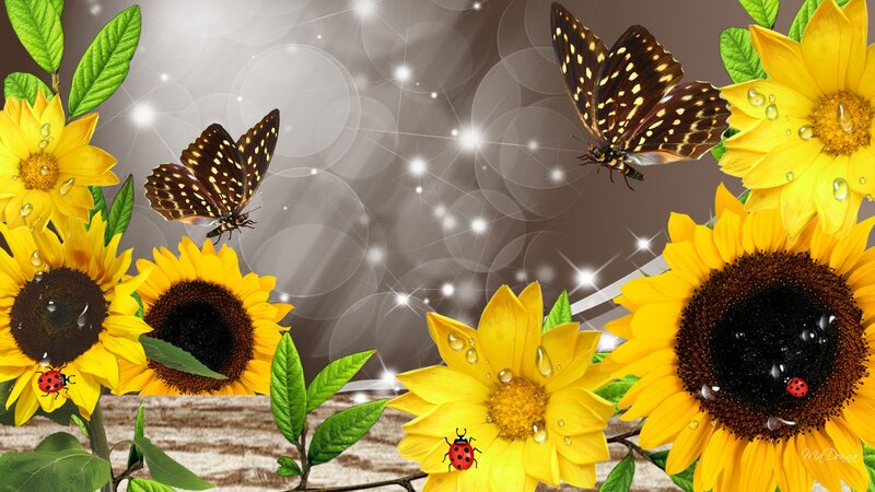 Sunflowers with Butterflies — Yellow, Serene