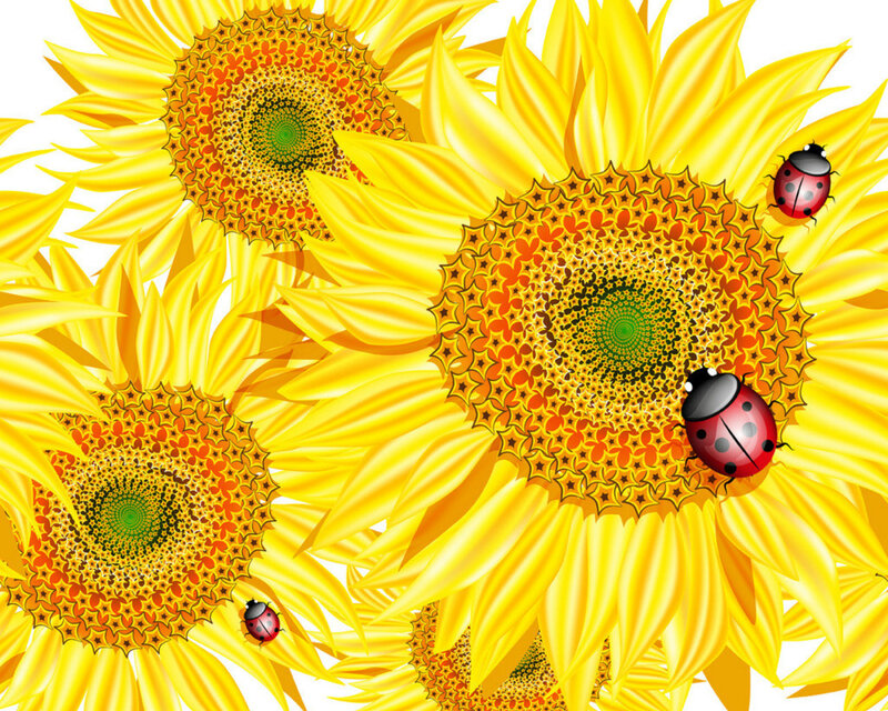 Sunflowers with Ladybugs — Yellow, Bright, Summer, Digital Art