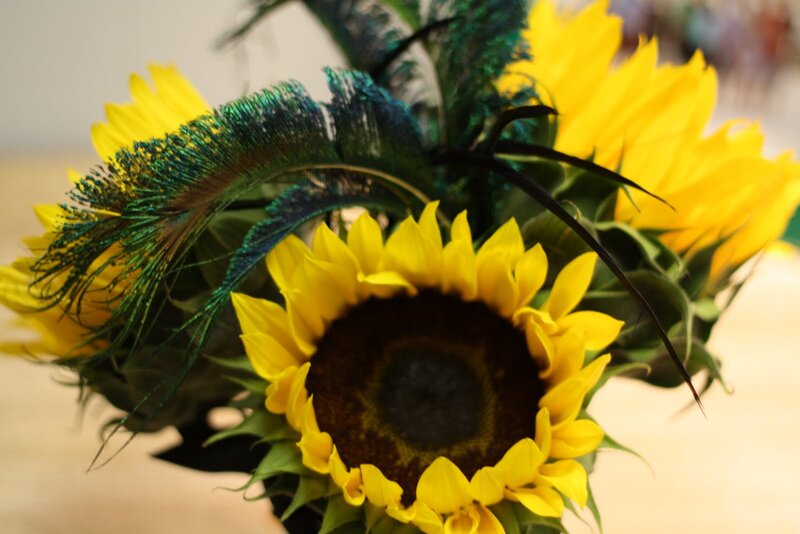Sunflowers with Peacock Feathers