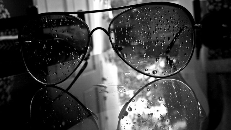 Sunglasses with Raindrops — Black, Dramatic, Photograph