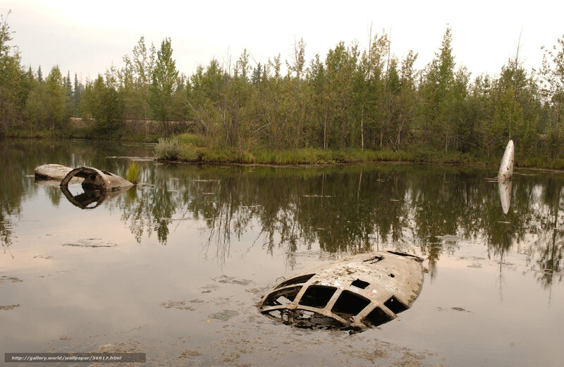 Sunken aircraft wreckage in a lake