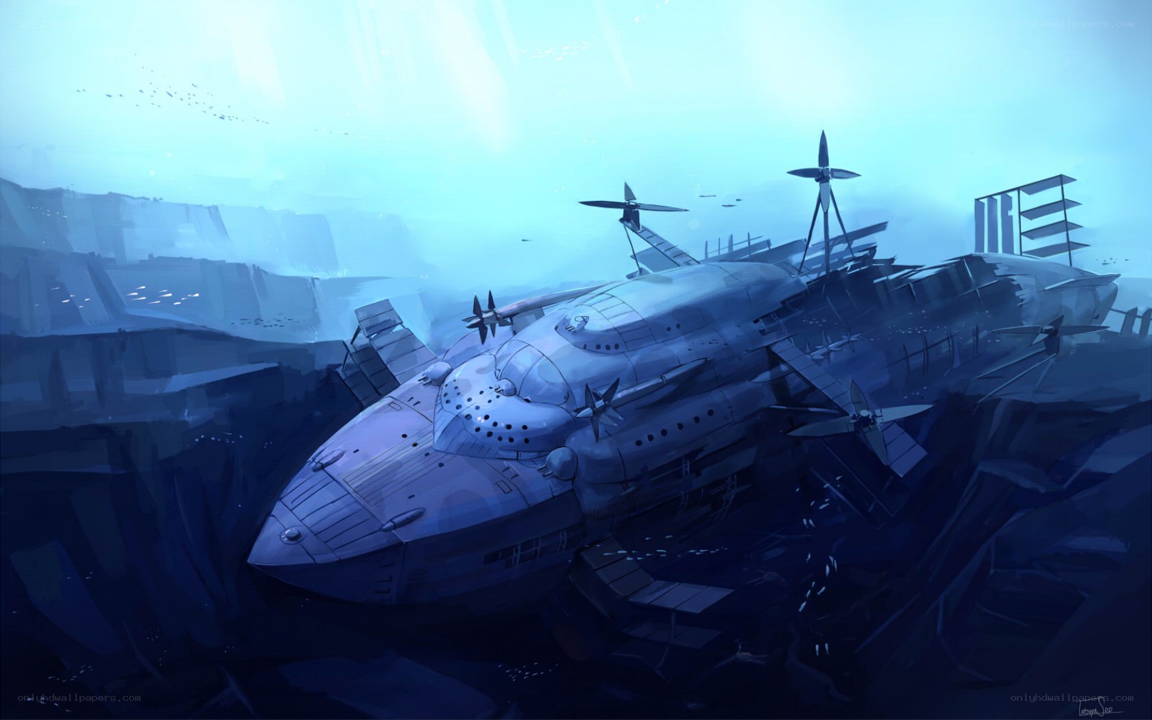 sunken airship in canyon