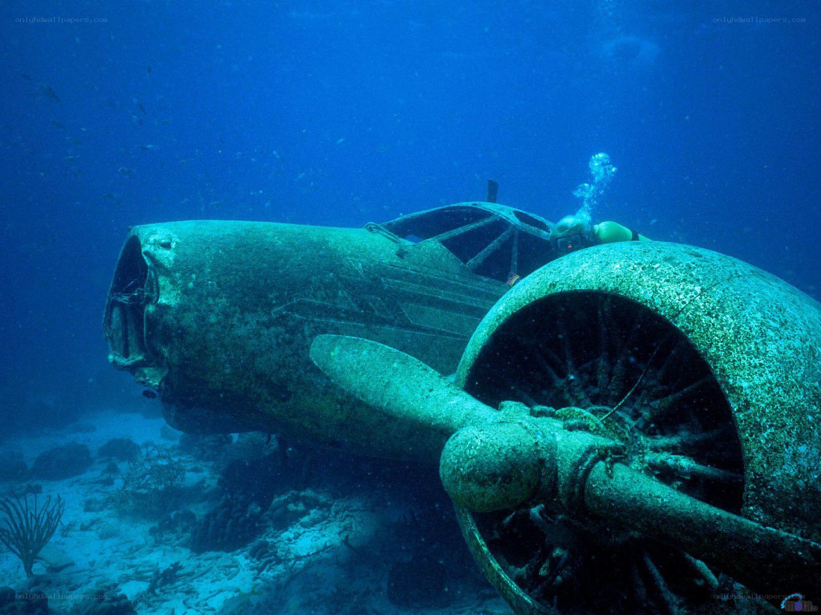 Sunken plane wreck underwater