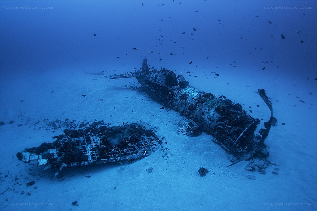Sunken plane wreck underwater