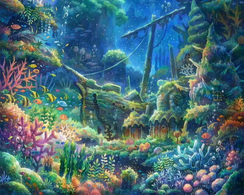 Sunken Ship in Coral Reef — Blue