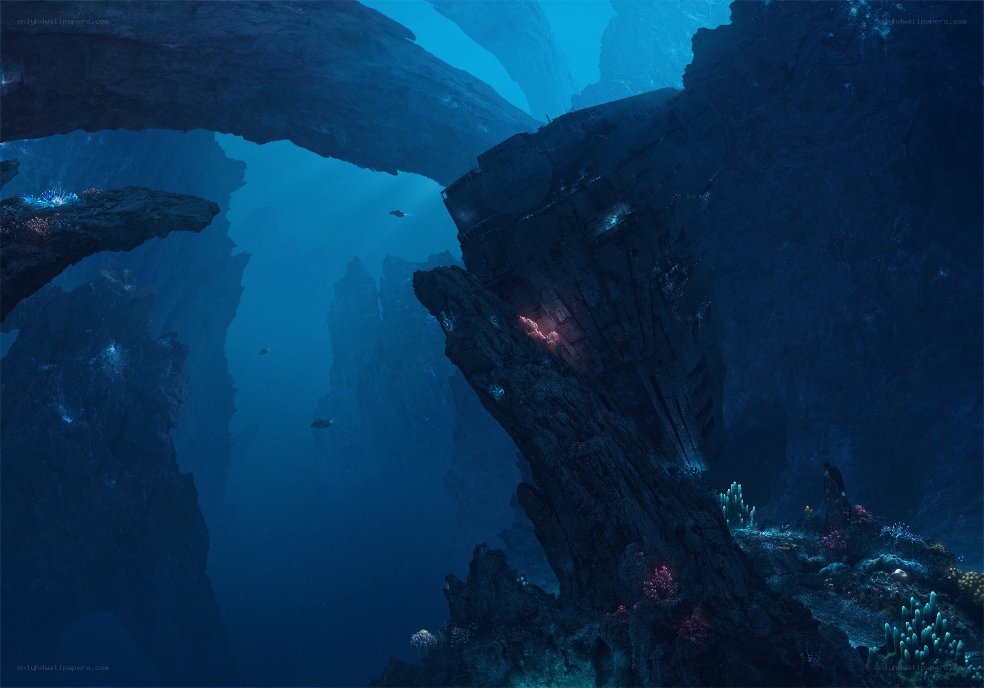 sunken ship in underwater cave