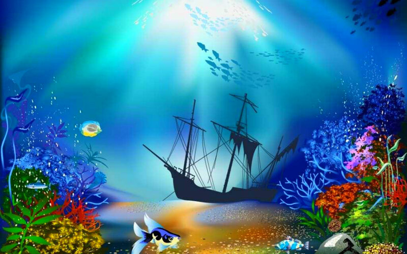 Sunken Ship Underwater — Blue, Serene, Digital Art