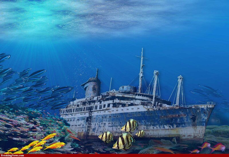 Sunken Ship Underwater — Blue, Serene