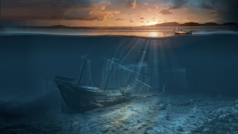 Sunken Ship Underwater — Blue