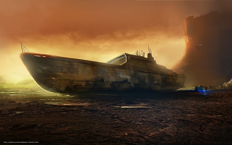 sunken submarine at sunset