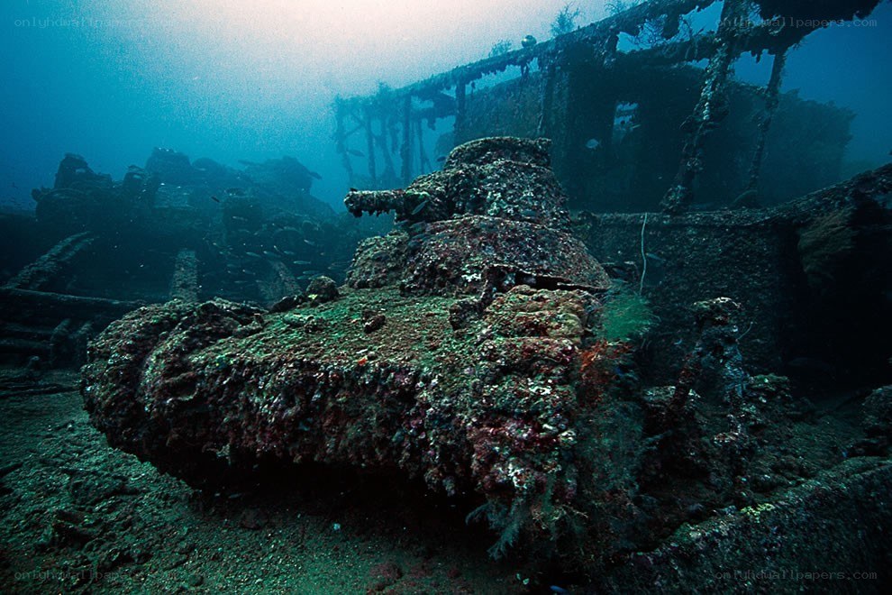 Sunken tank on ocean floor