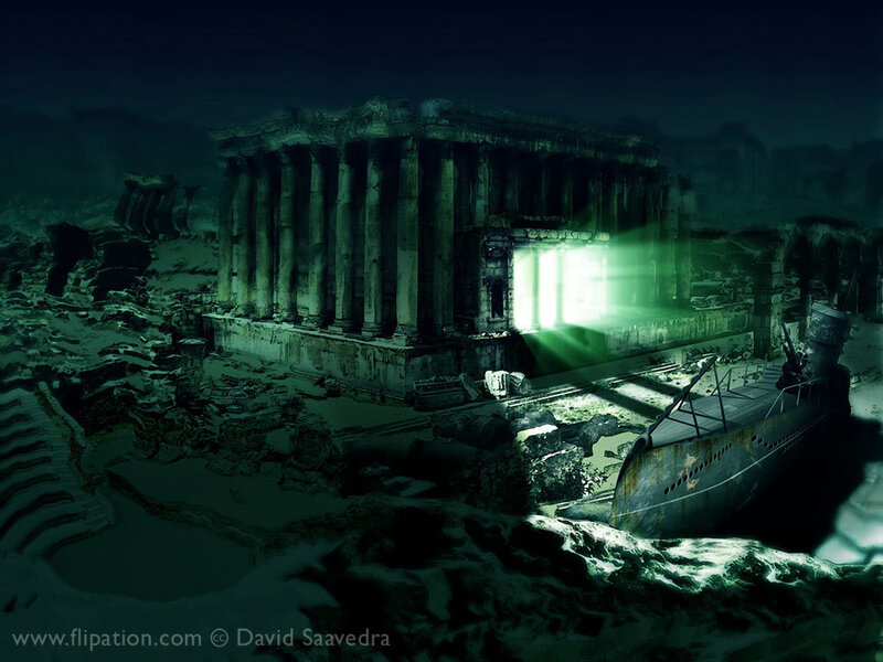 Sunken temple with submarine
