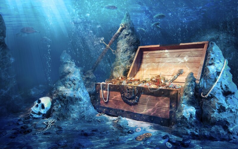 Sunken Treasure Chest — Blue, Mysterious, Digital Art