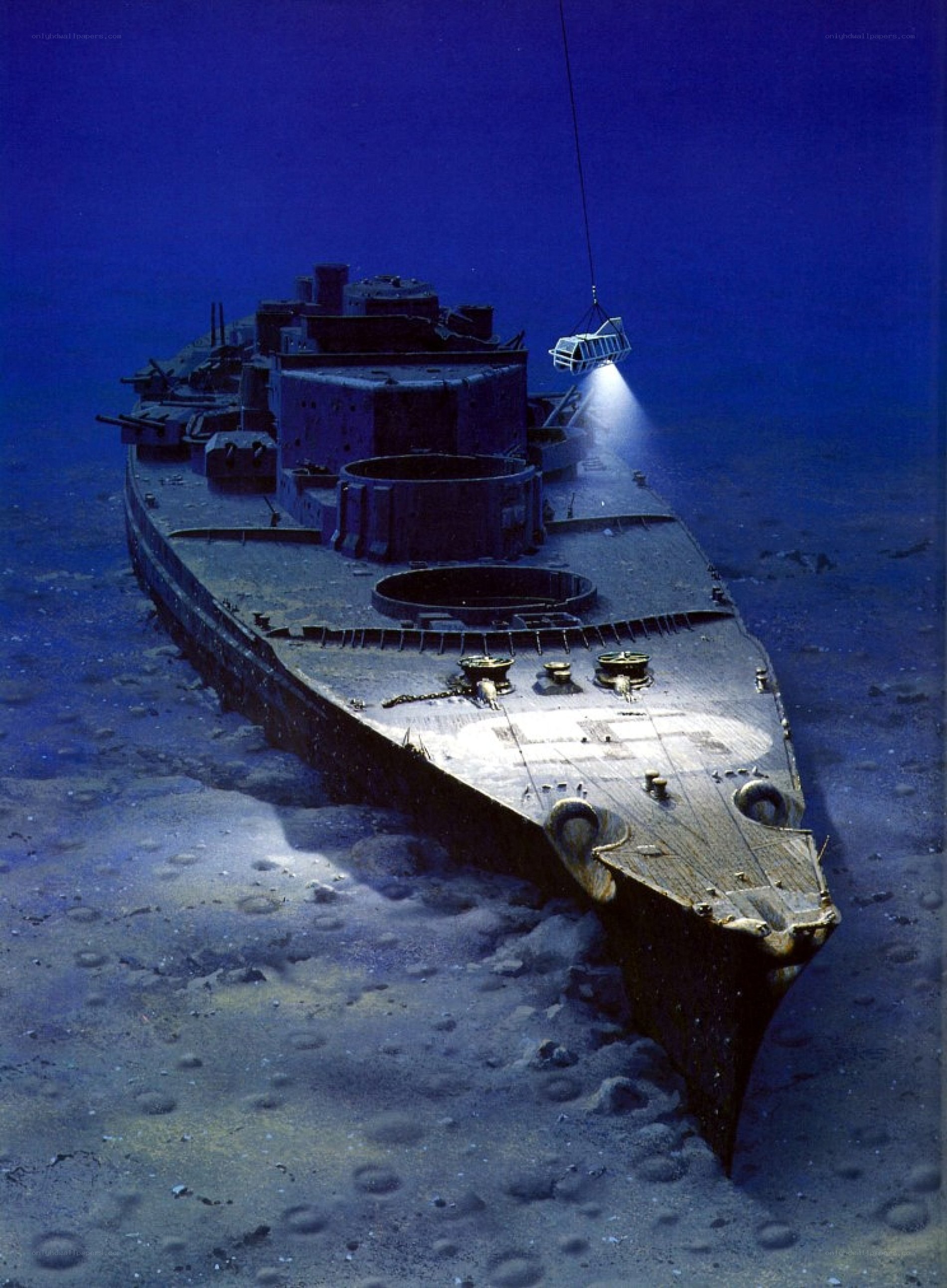 Sunken warship on ocean floor