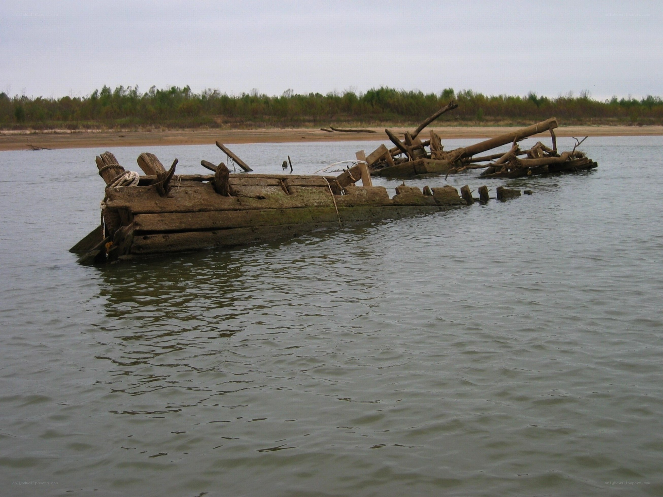 Sunken wooden shipwreck