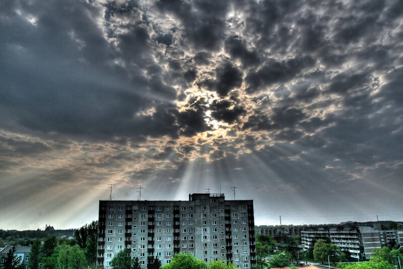 Sunlight breaks through storm clouds