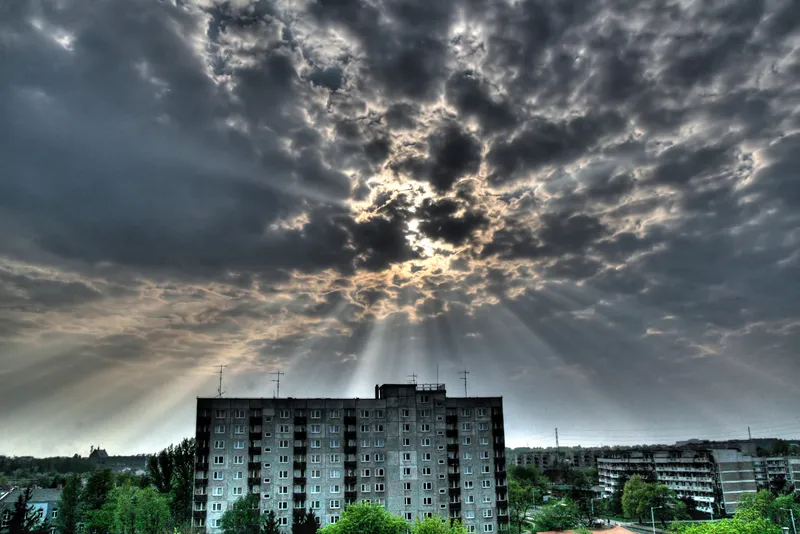 Sunlight breaks through storm clouds