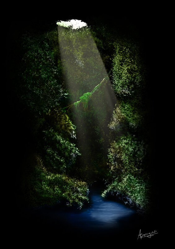 sunlight in a forest cave