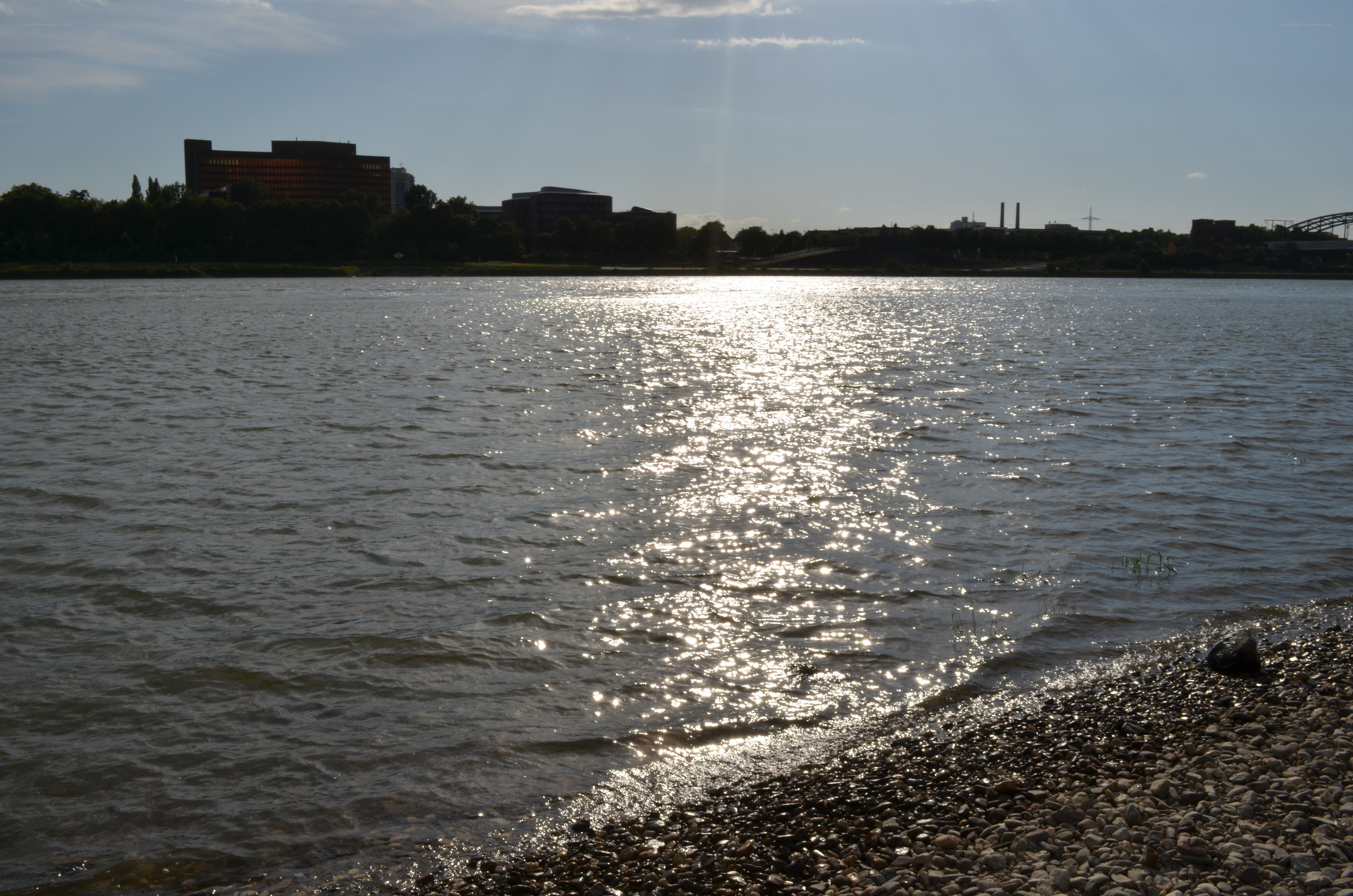 Sunlight on a river with city skyline