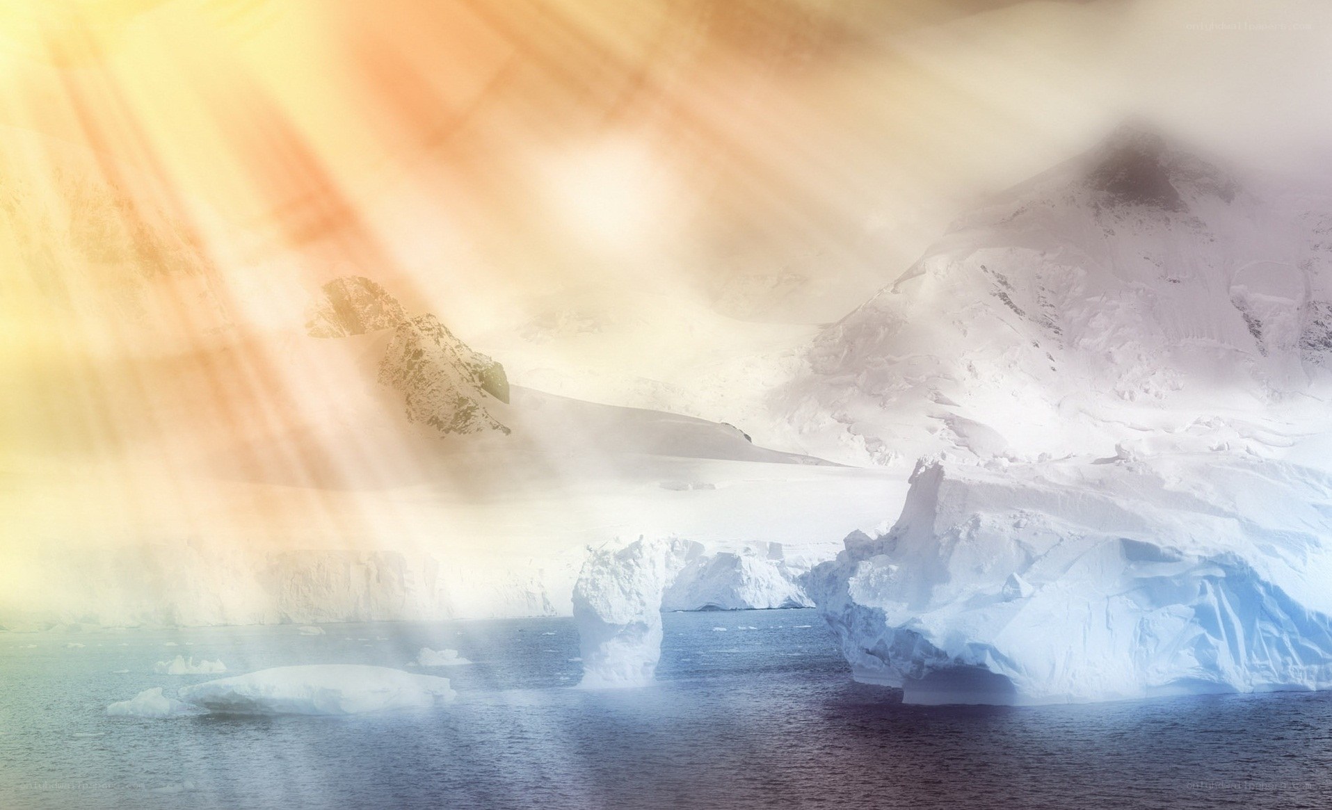 Sunlight on Antarctic icebergs