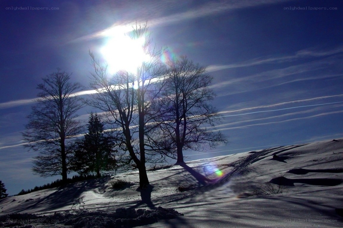 Sunlight on snowy hill