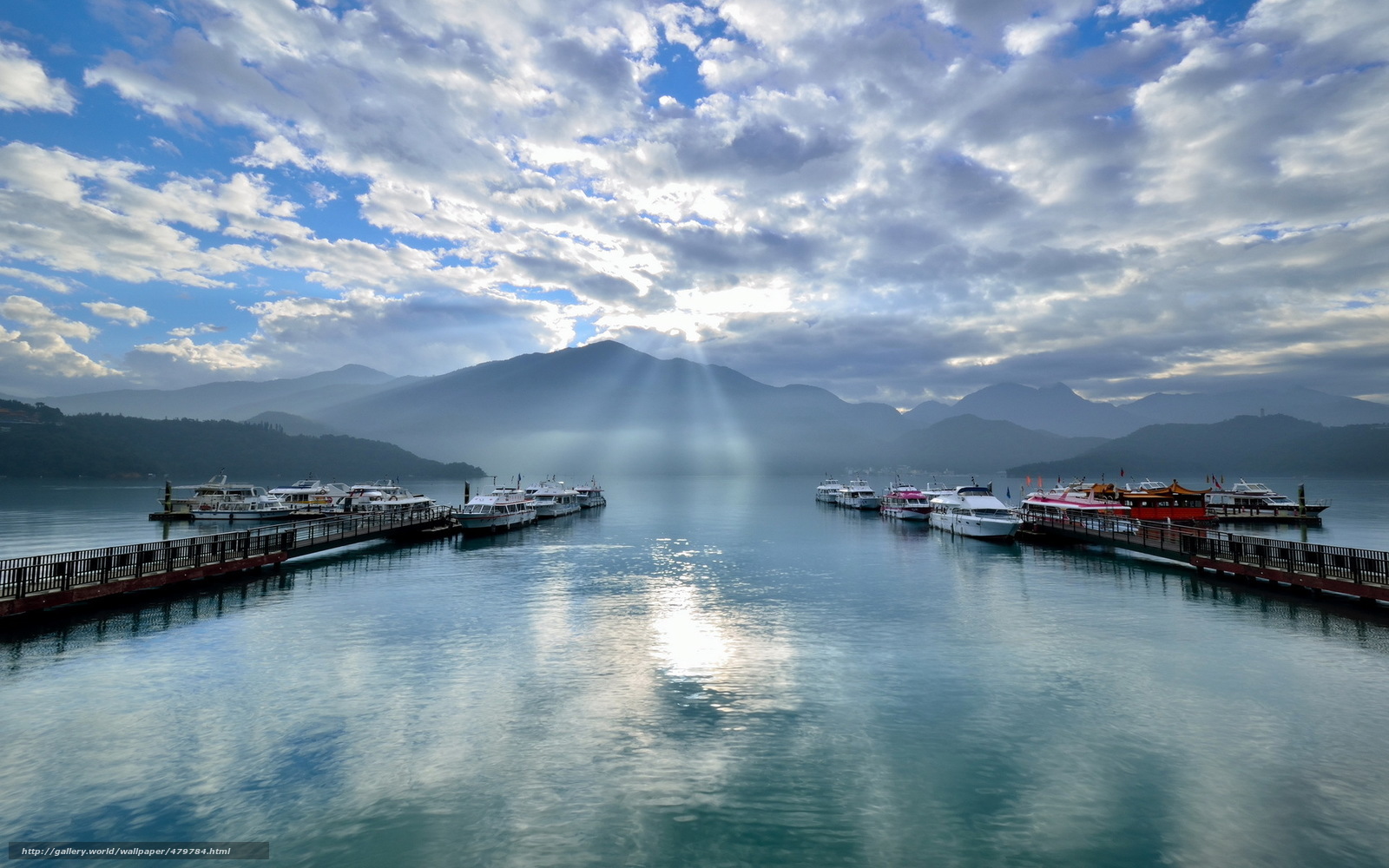 Sunlight over a lake harbor