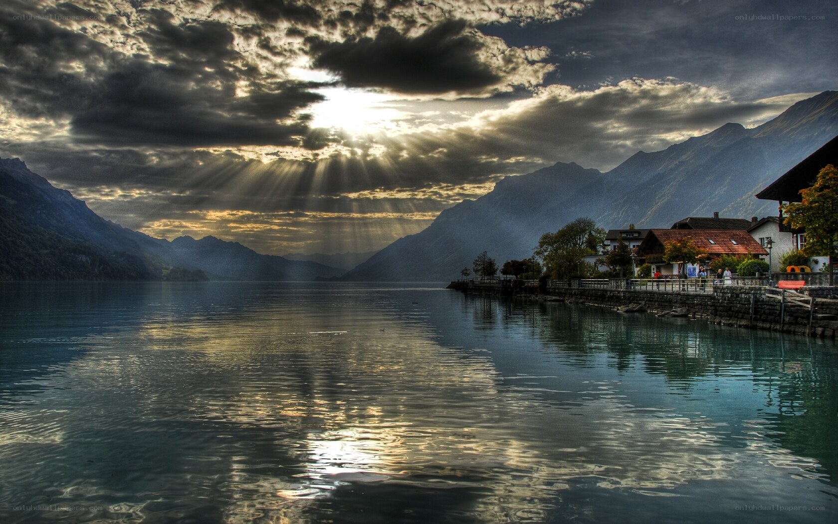 Sunlight over a mountain lake