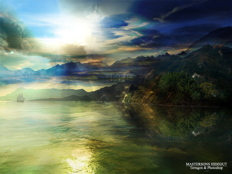 Sunlight over a mountain lake