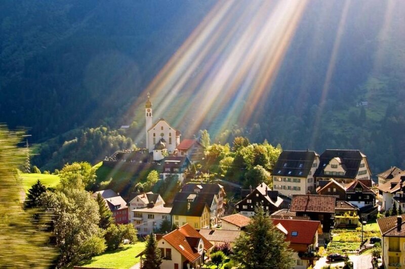 Sunlight over a mountain village