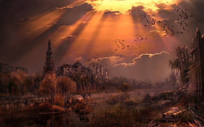 Sunlight over a ruined city