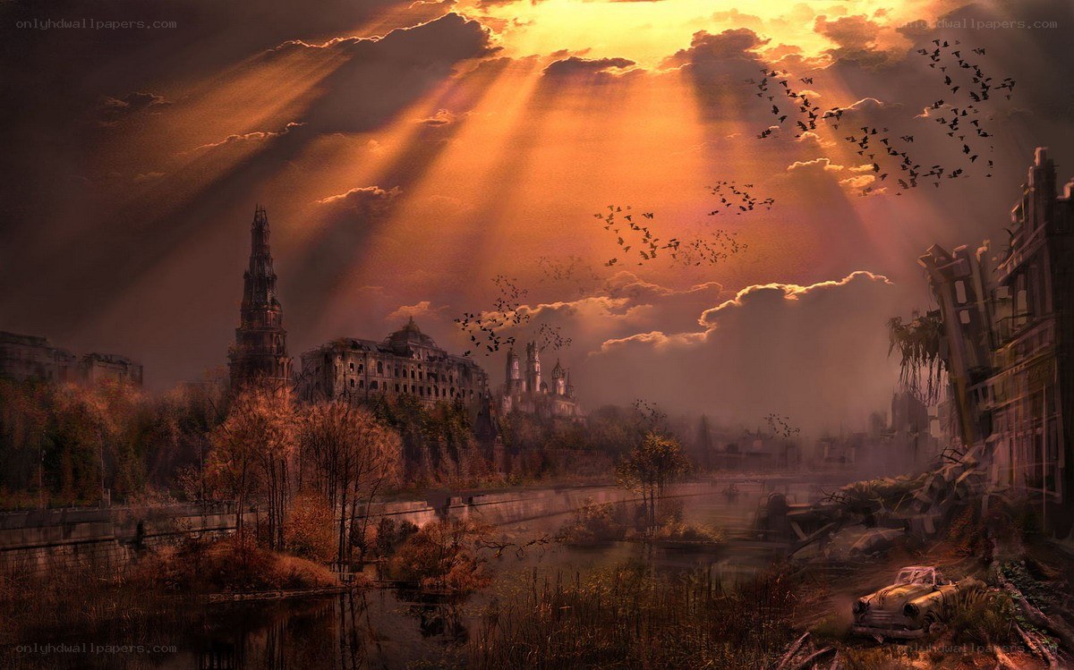 Sunlight over a ruined city
