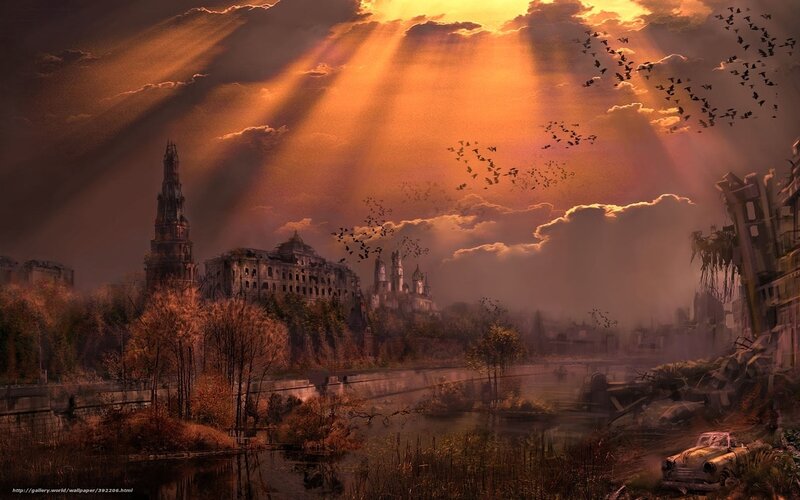 Sunlight over a ruined city