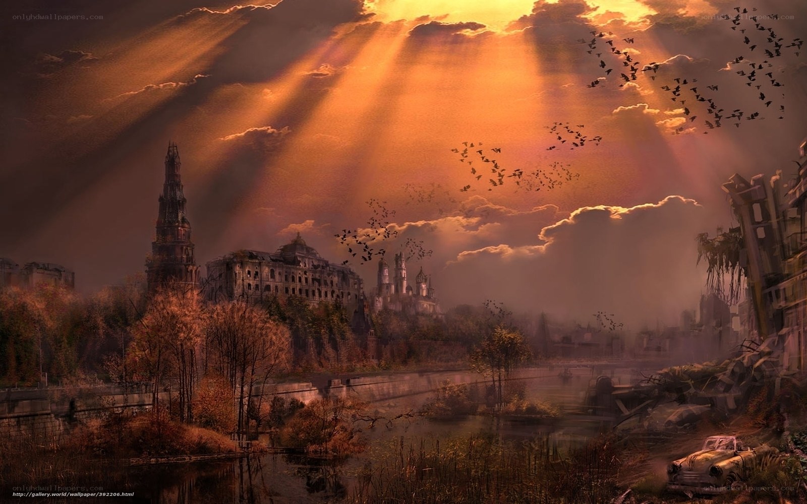 Sunlight over a ruined city