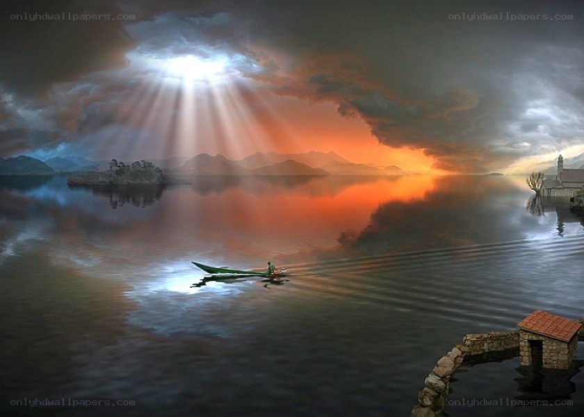 Sunlight over a tranquil lake