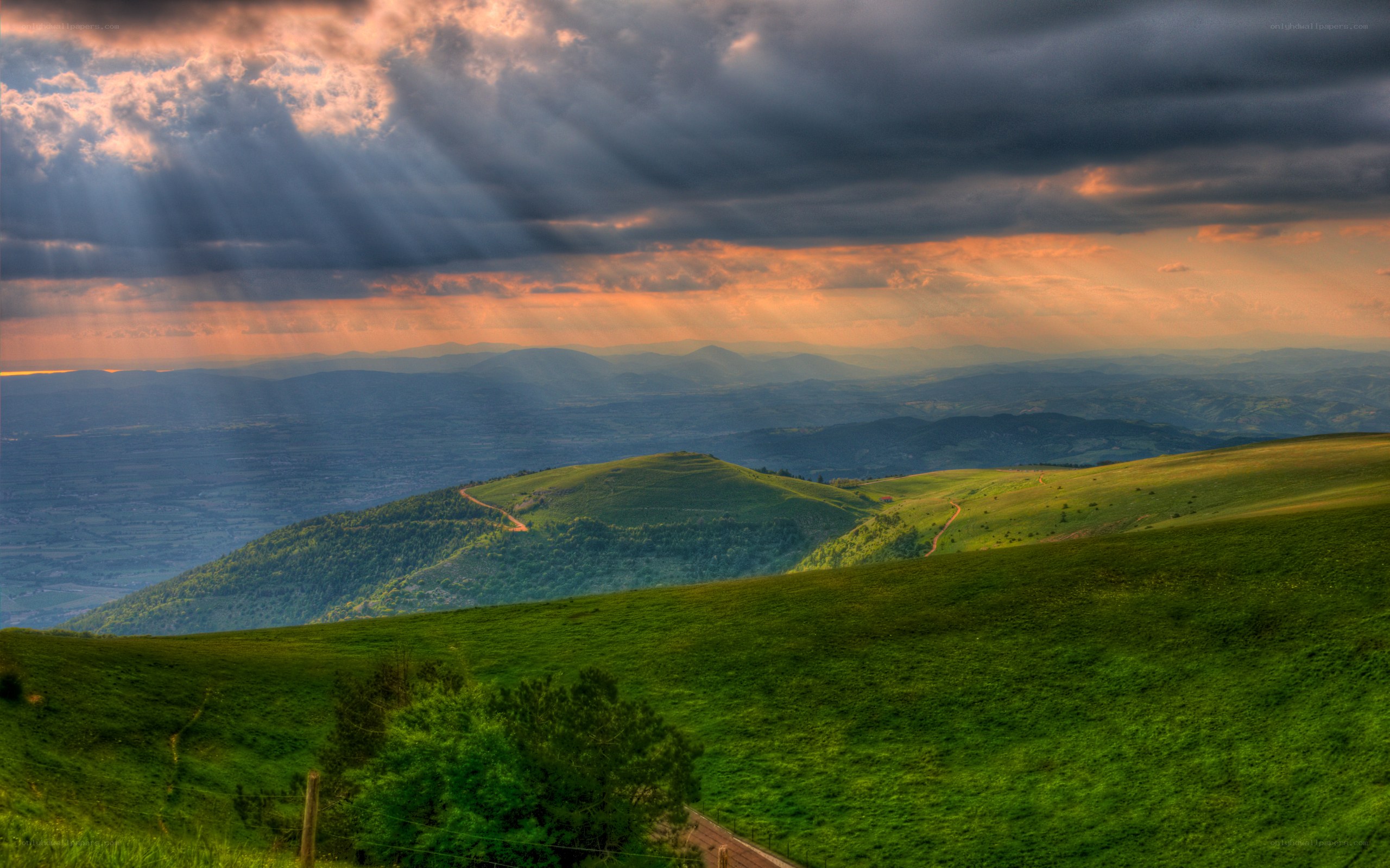 Sunlight over green hills