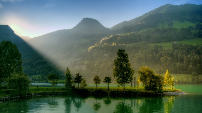 Sunlight over Lake and Mountains — Green