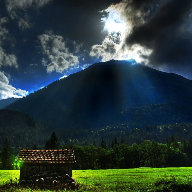 Sunlight over mountain hut