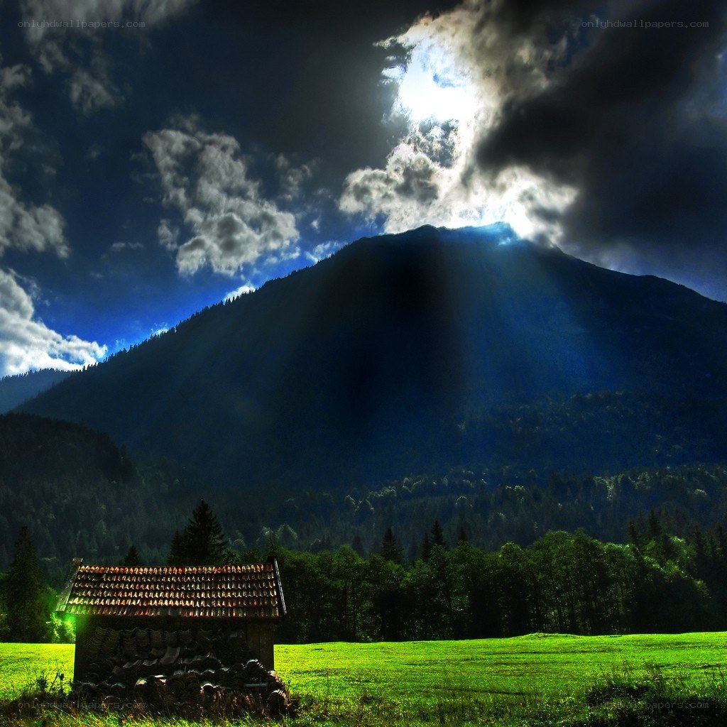Sunlight over mountain hut