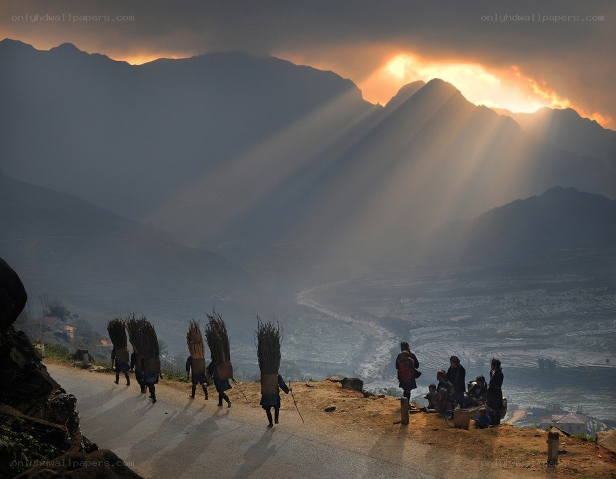 Sunlight over mountain village