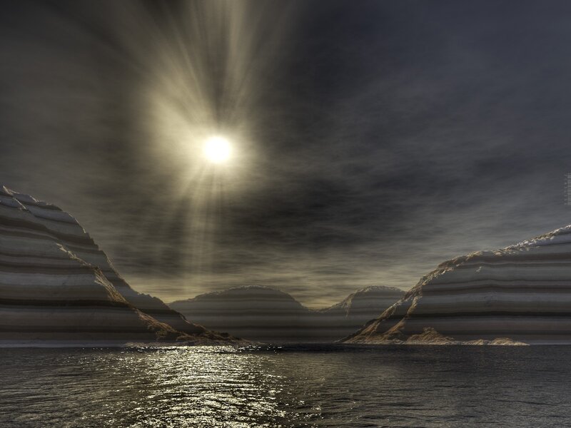 Sunlight over striped mountains