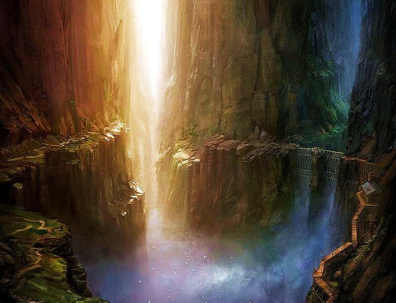 Sunlight through a canyon waterfall