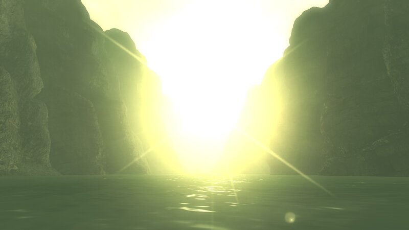 Sunlight Through Canyon — Green, Serene, Sunrise