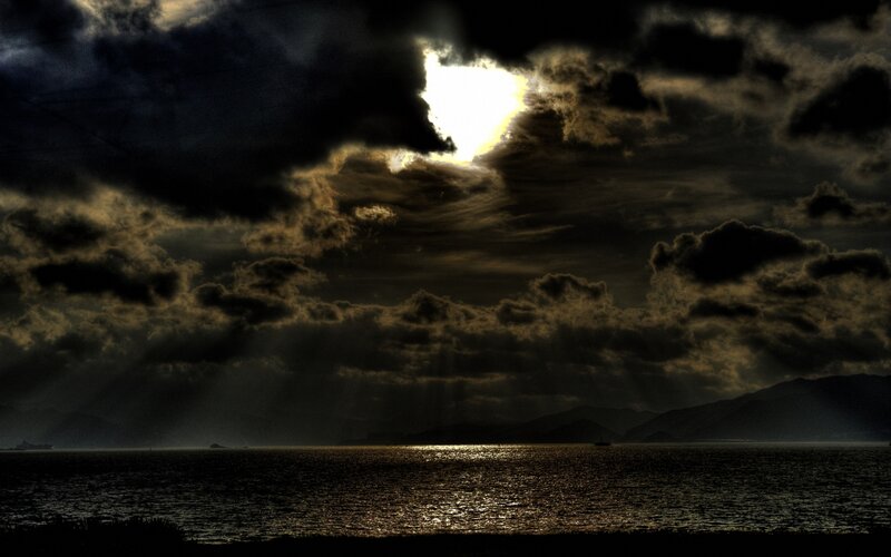 Sunlight Through Clouds — Black, Dramatic, Sunset, Photograph, Sea