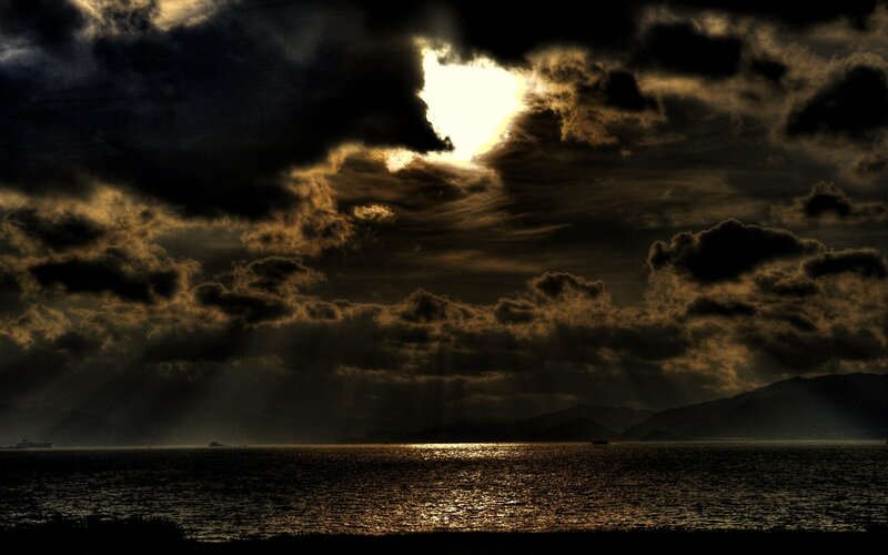 Sunlight Through Clouds — Black, Dramatic, Sunset, Photograph