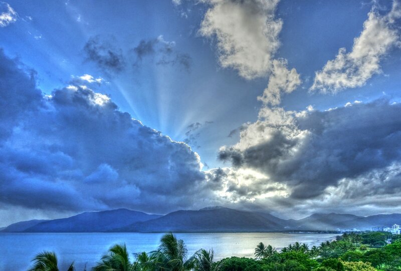 Sunlight Through Clouds — Blue, Dramatic, Afternoon, Photograph, Mountains, Sea