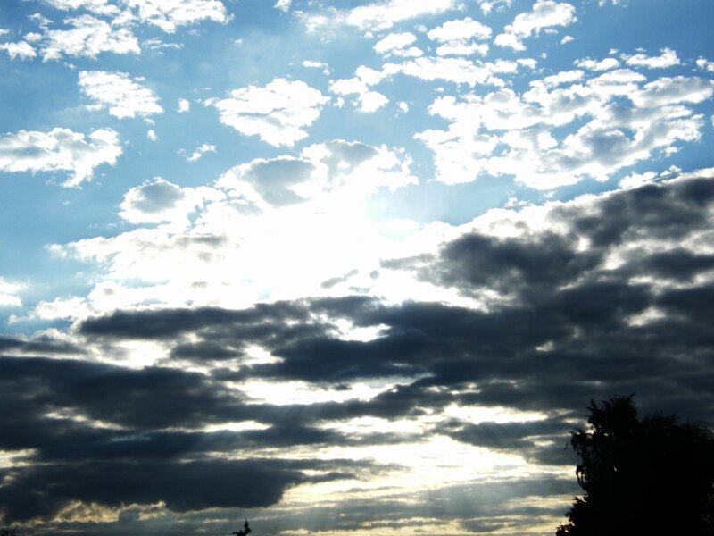 Sunlight Through Clouds — Blue, Dramatic, Afternoon, Photograph, Sky, Trees, White, Gray