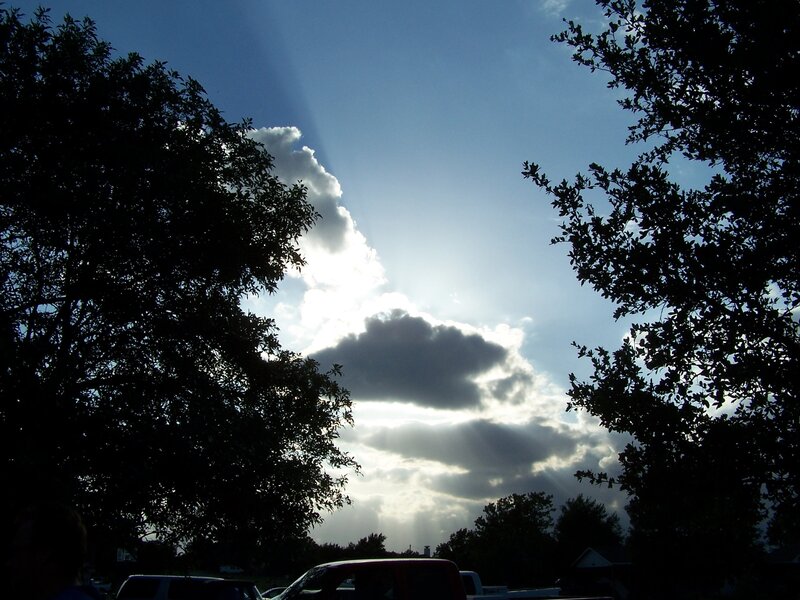Sunlight Through Clouds — Blue, Dramatic, Afternoon, Photograph, Trees, Cars